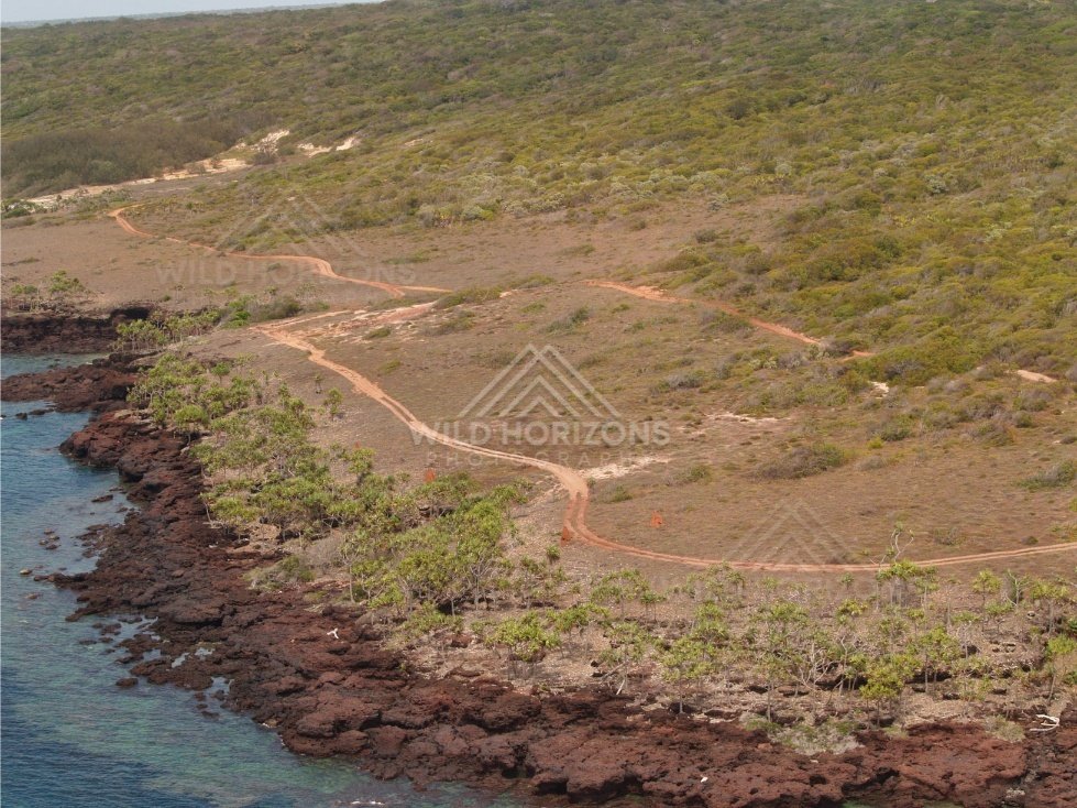 Coastal headland with vehicle tracks across open heath. Narau Beach, Queensland, Australia.