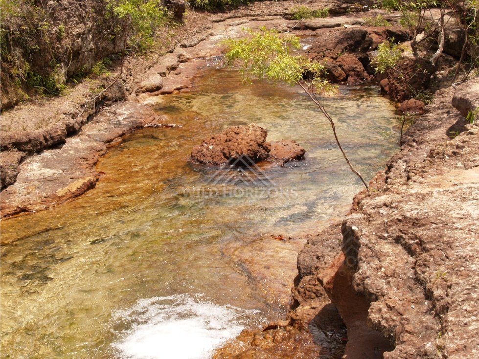 Clear creek winding through red rock gorge. Fruitbat Falls, Queensland, Australia.