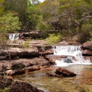 Double waterfall framed by bushland. Fruitbat Falls, Queensland, Australia.