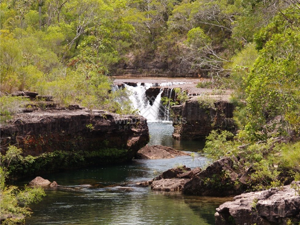 Wide waterfall with deep green pool below. Fruitbat Falls, Queensland, Australia.