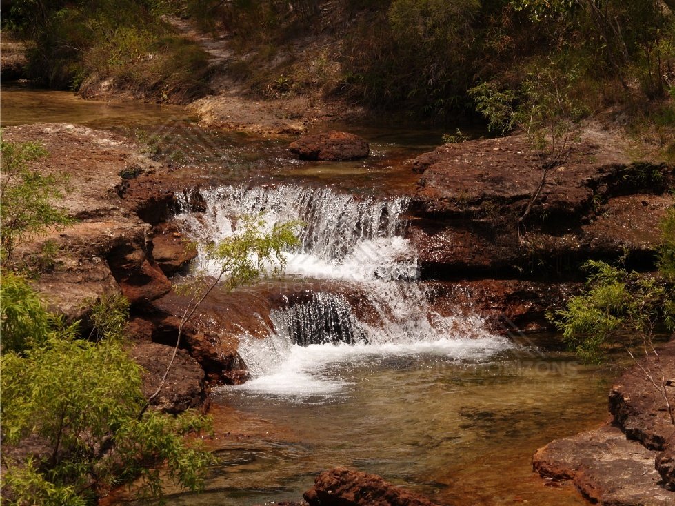 Waterfall surrounded by dense vegetation. Fruitbat Falls, Queensland, Australia.