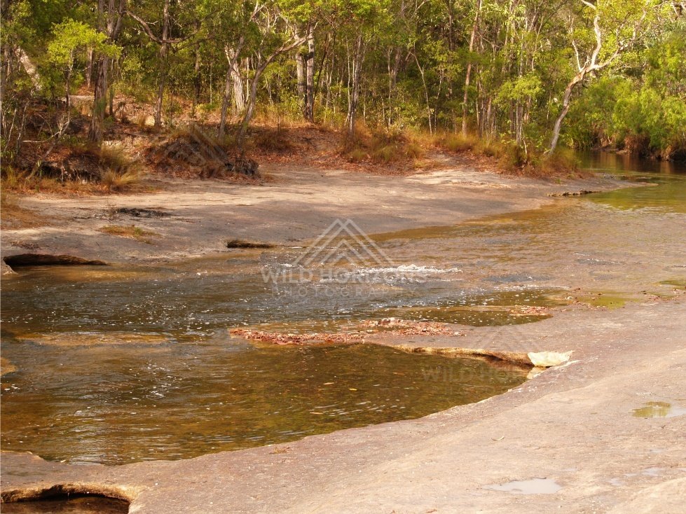 Shallow creek across sandstone slab. Iron Range, Queensland, Australia.