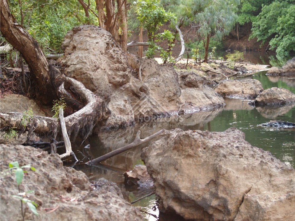 Large sculpted boulder in creek. Iron Range, Queensland, Australia.