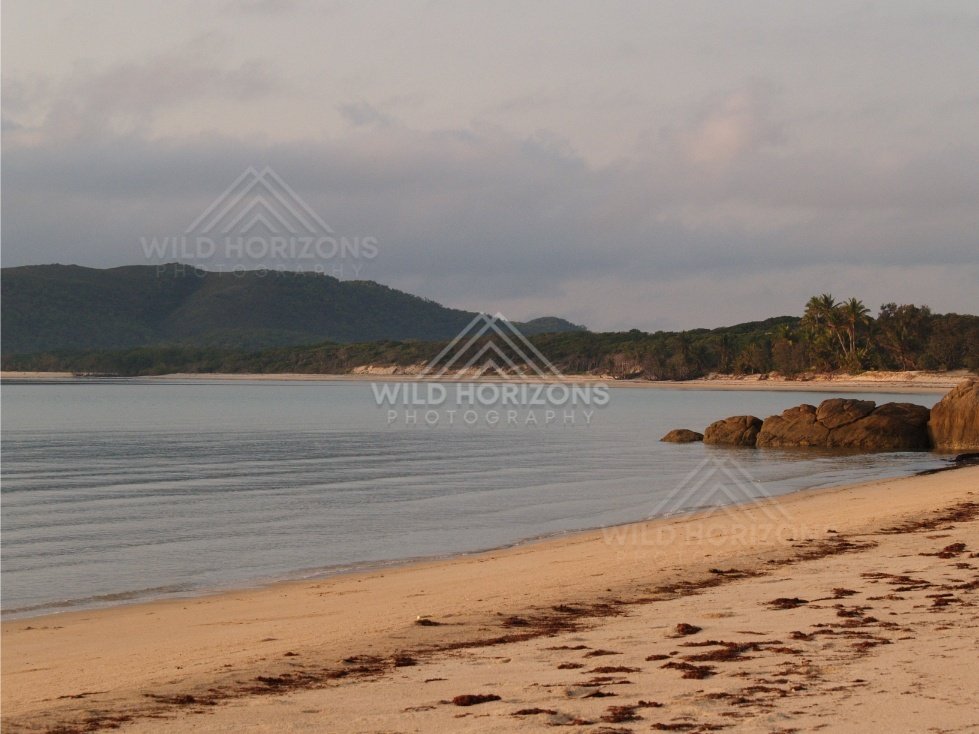 Quiet tropical bay with granite rocks and a sandy beach in soft light. Portland Roads, Australia.