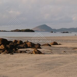 Tidal sand flats with scattered rocks and islands under a cloudy sky. Portland Roads, Australia.