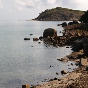 Rocky shoreline with small stones and calm water beside a forested headland. Portland Roads, Australia.