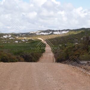 Red dirt road cutting through coastal heath toward white sand dunes. Elim Beach, Australia.