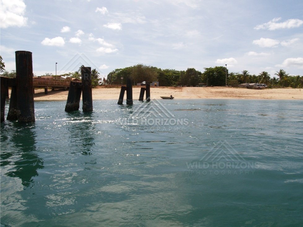Old wharf pylons and a small jetty leading to a tropical beach. Seisia, Queensland, Australia.
