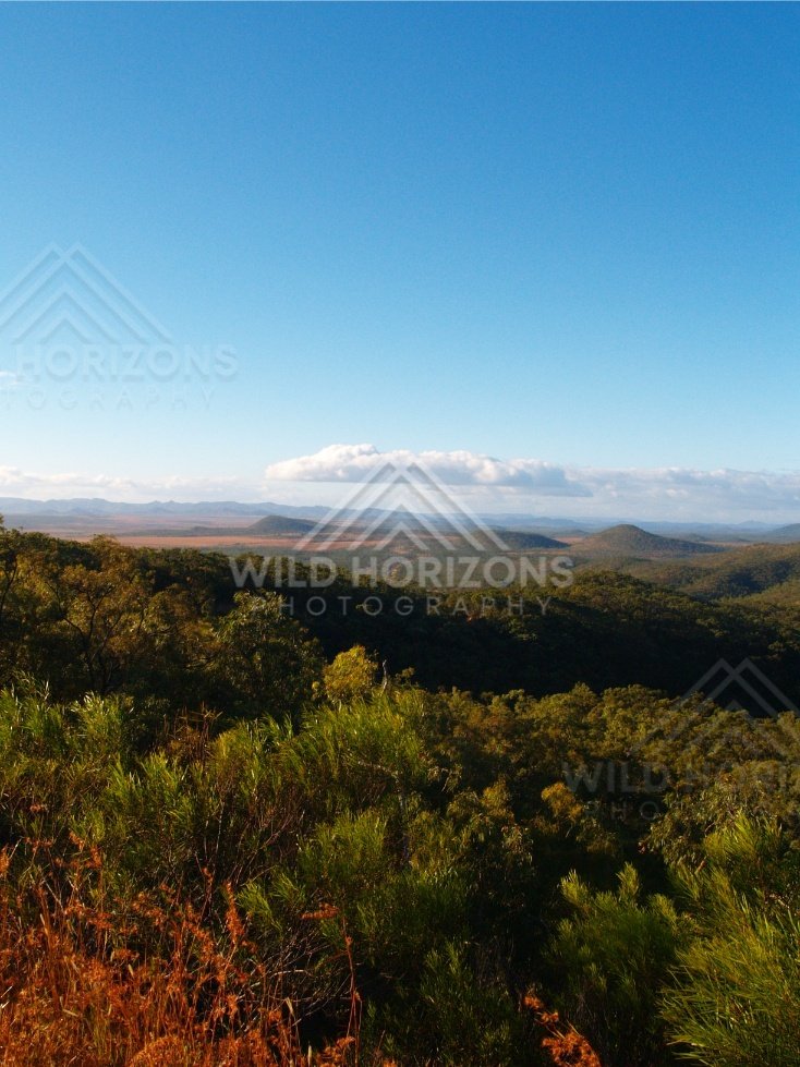 Blue sky above a wide valley of forested hills and distant ranges. Queensland, Australia.