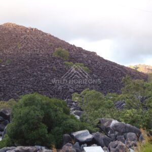 Dark boulder-strewn slope of Black Mountain rising above scrub. Black Mountain, Australia.