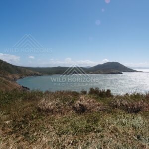 Coastal headlands and bright water seen from a grassy lookout. Cape York, Australia.