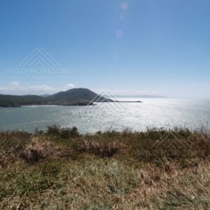 Open bay and distant headland viewed across coastal heath. Cape York, Australia.