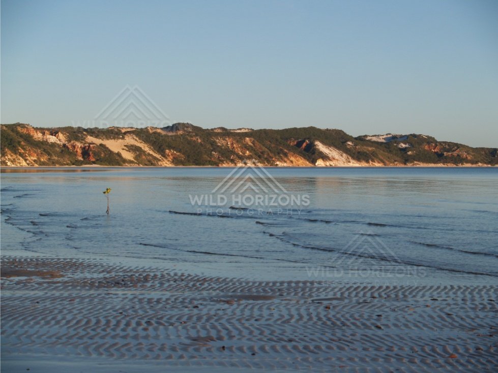 Distant sand dunes and coloured cliffs lining a wide tidal bay. Elim Beach, Australia.