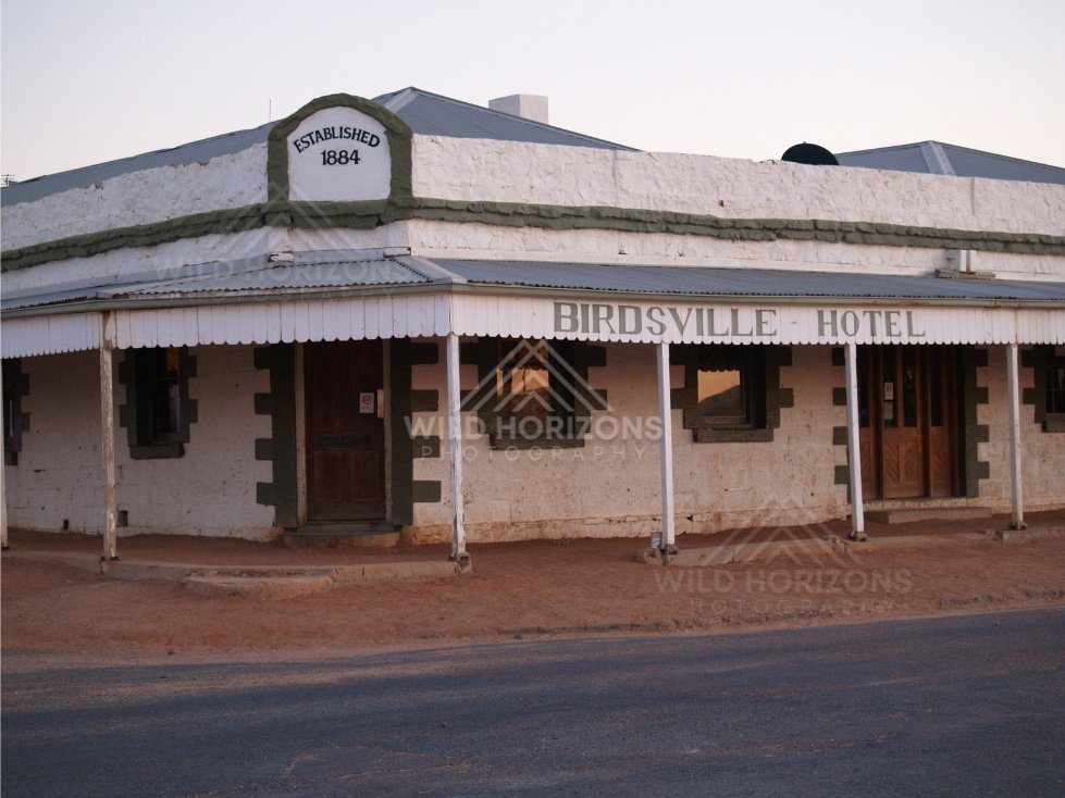 Birdsville Hotel façade on a quiet street. Birdsville, Australia.