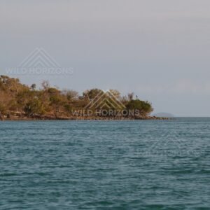 Rocky tropical coastline with open sea under cloudy skies. Cape York, Queensland, Australia.