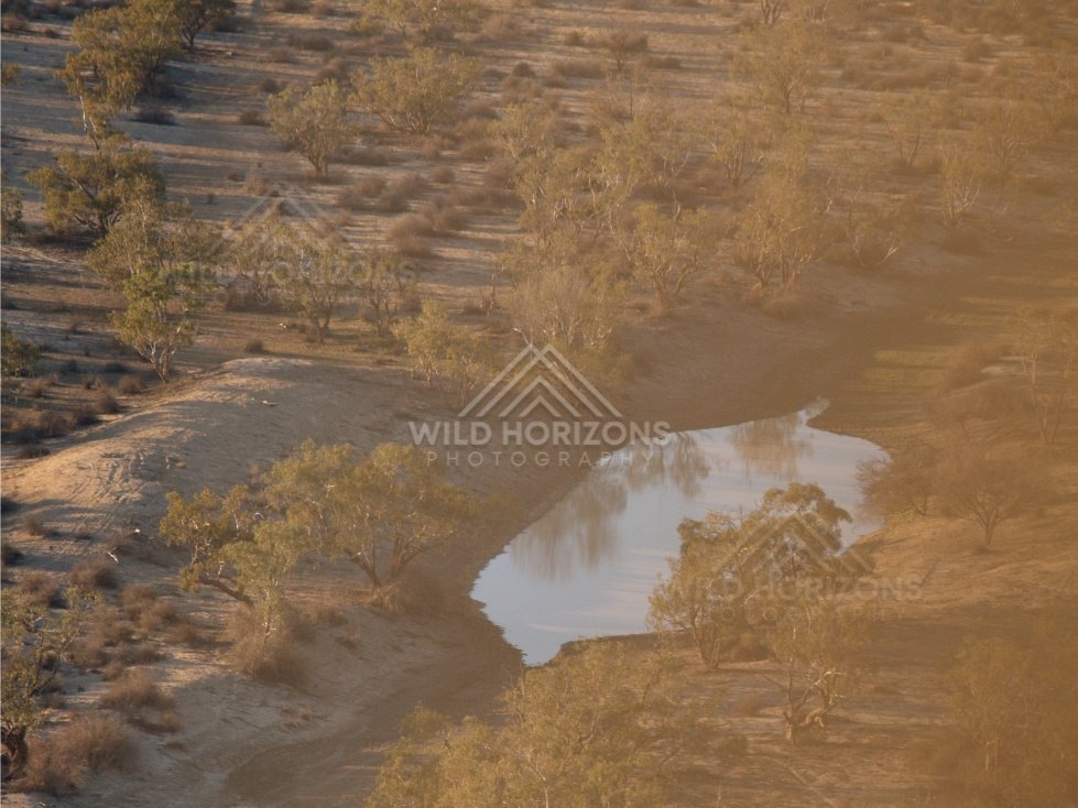 Small desert waterhole reflecting sky. Simpson Desert, Australia.
