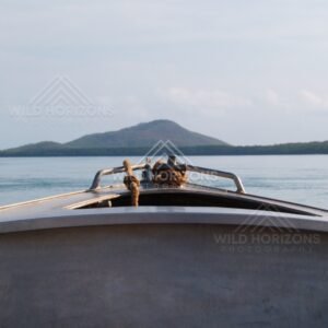 View from a small boat toward a low island on the horizon. Cape York, Queensland, Australia.
