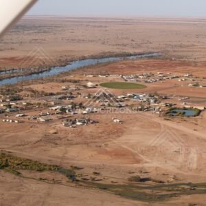 Aerial view of Birdsville township by the river. Birdsville, Australia.