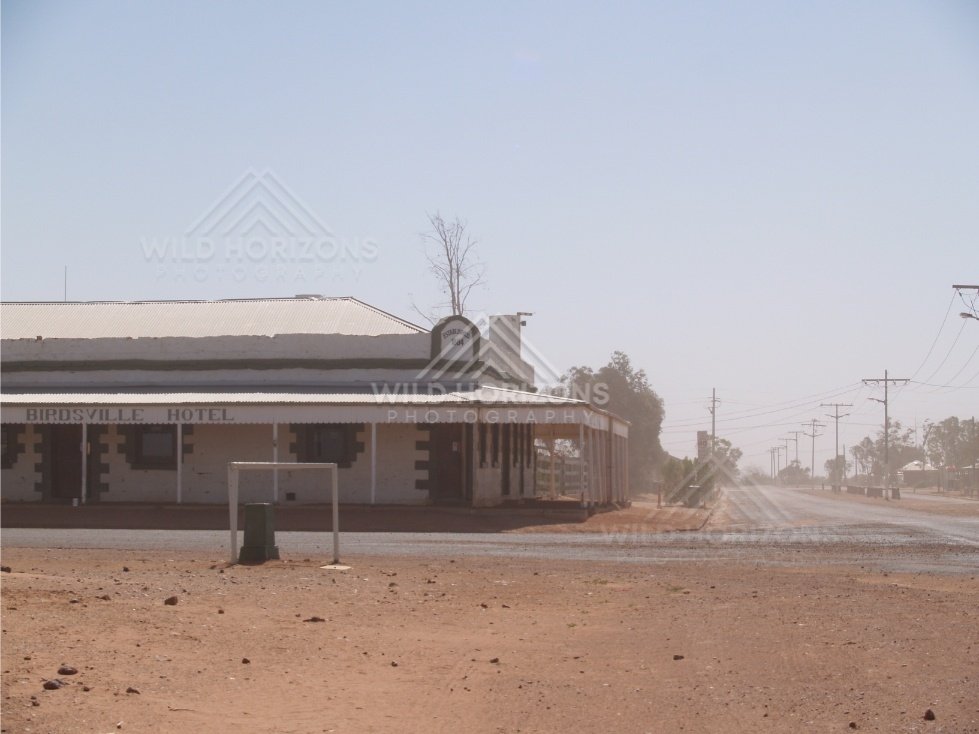 Birdsville street in dust storm. Birdsville, Australia.
