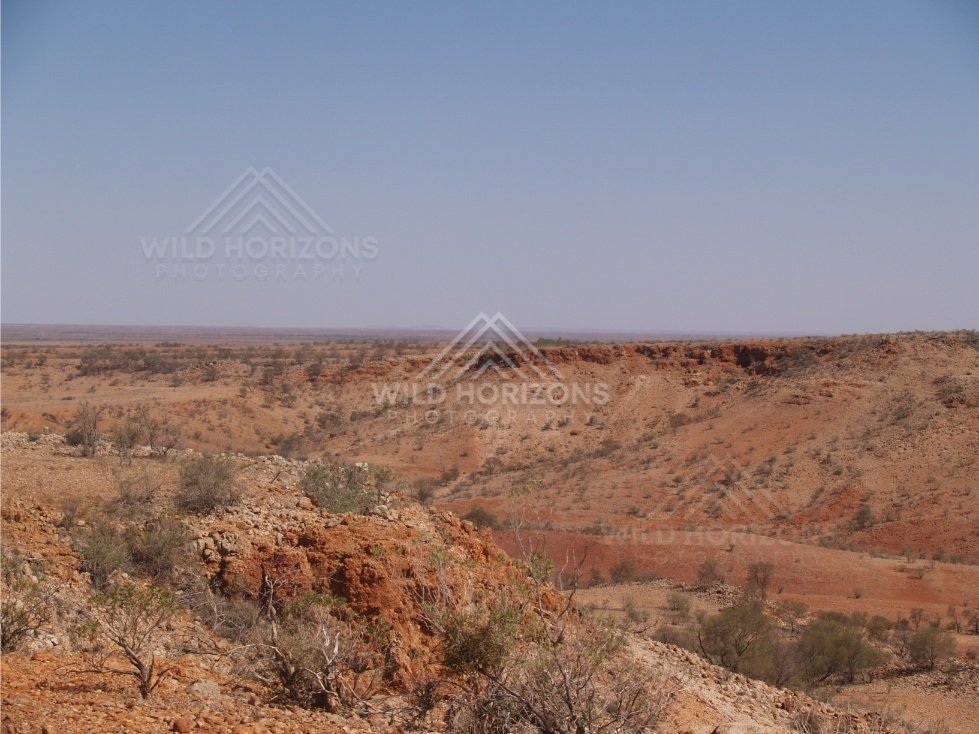 Gullied desert landscape from height. Queensland, Australia.