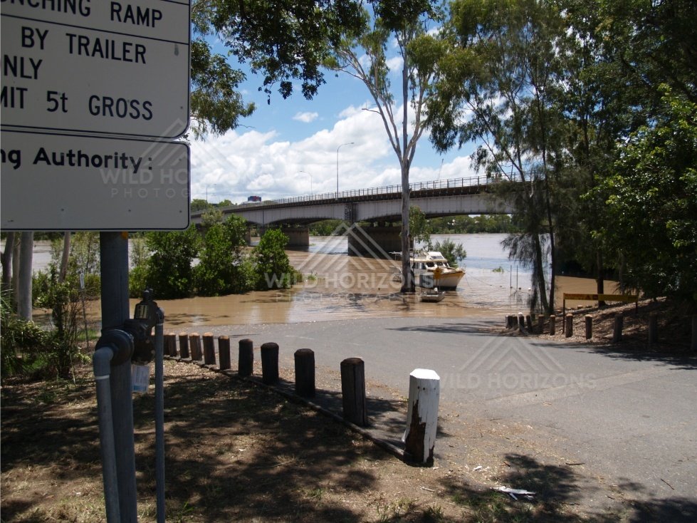 Flooded boat ramp at Rockhampton. Rockhampton, Australia.