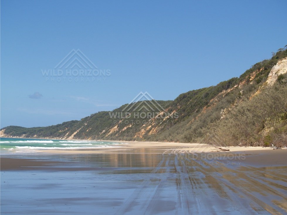 Tyre tracks across Rainbow Beach. Queensland, Australia.