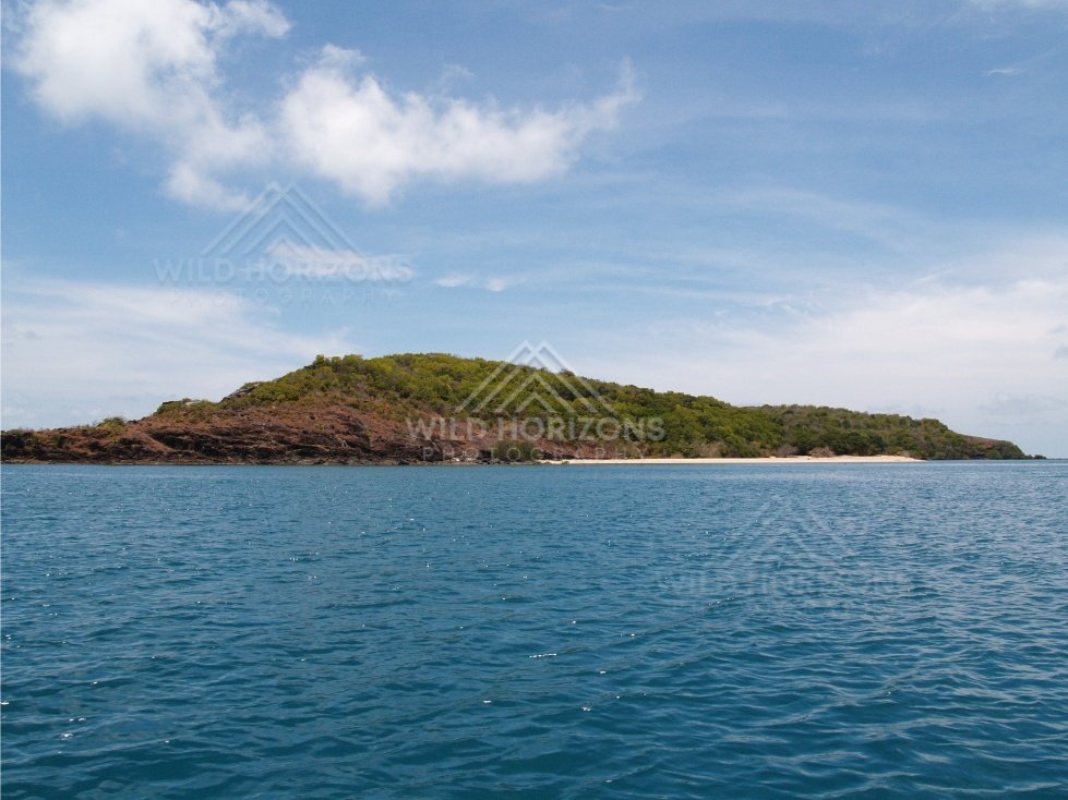 Green-covered island with sandy margin seen from offshore. Cape York, Queensland, Australia.