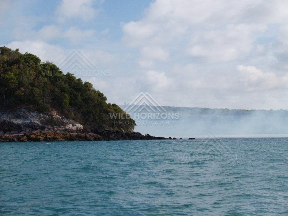 Forested shoreline with misty spray near rocks. Cape York, Queensland, Australia.