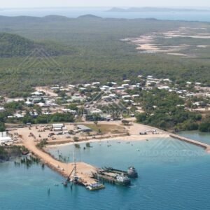 Wider aerial of Thursday Island settlement and hills. Thursday Island, Queensland, Australia.