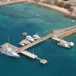 Aerial of marina and wharf with boats. Thursday Island, Queensland, Australia.